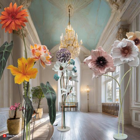 Bunte, große Papierblumenarrangements in einem eleganten Raum mit einem Kronleuchter.